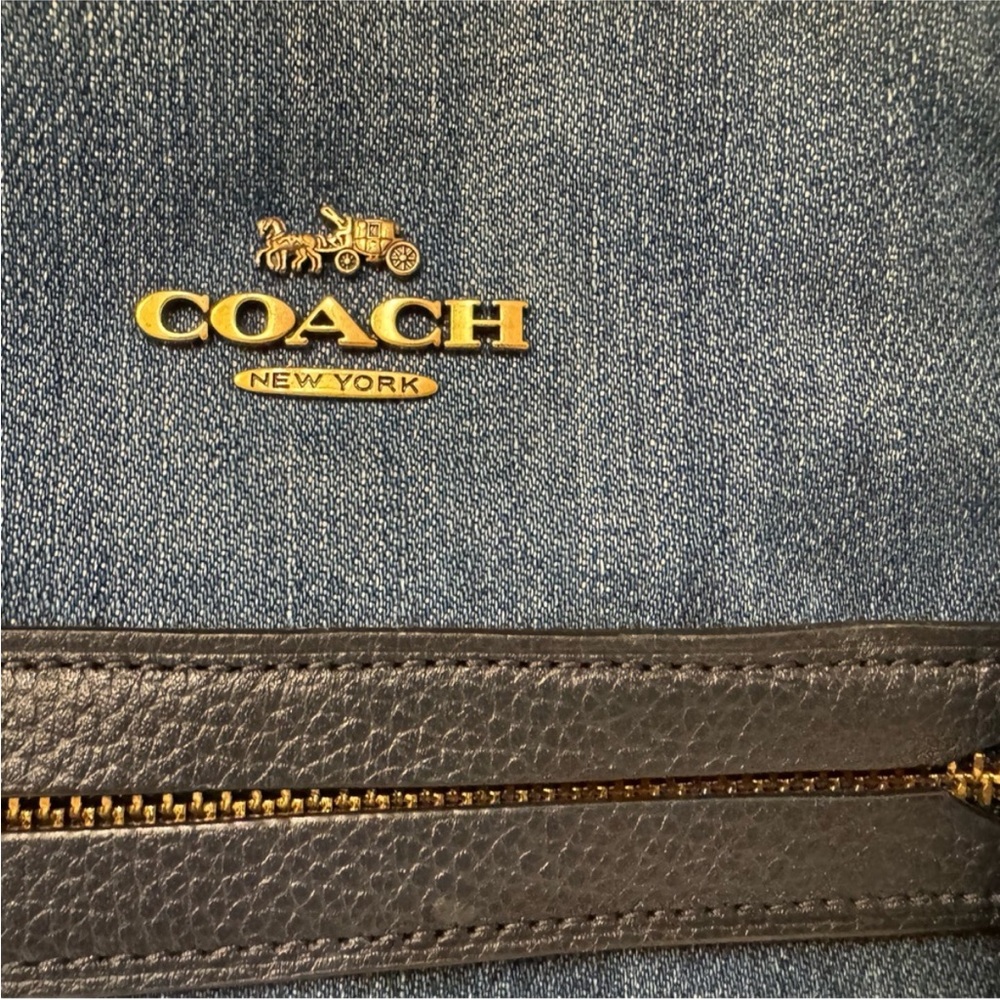 Coach Blue Denim Tote with Navy Leather Trim and Gold Hardware - Picture 4 of 16